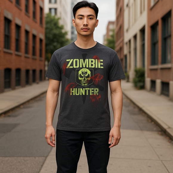 Zombie Hunter T-shirt Sz XL Dark Gray Skull Scary Short Sleeve Lime Green Letter - Picture 2 of 12